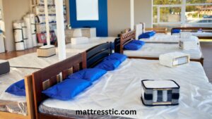 Multiple cooling gel mattresses in a showroom