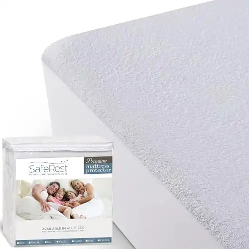 SafeRest 100% Waterproof Queen Size Mattress Protector - Fitted with Stretchable Pockets - Machine Washable Cotton Mattress Cover for Bed